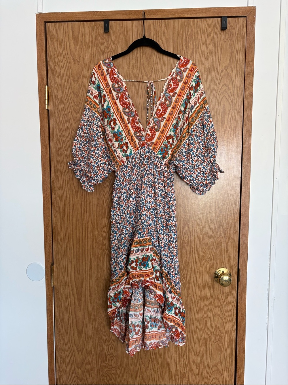 Umgee Mixed Print V-Neck Midi Dress in Rust, Teal & Cream